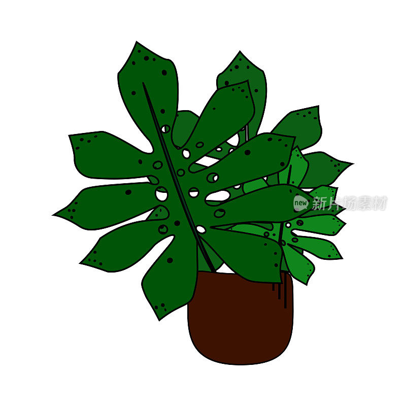 可爱的植物与大叶子在盆栽卡通风格孤立矢量插图