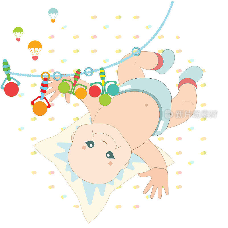 孩子躺在他的背部，在新生儿前面的一个挂有拨浪鼓的吊坠。彩色插图。