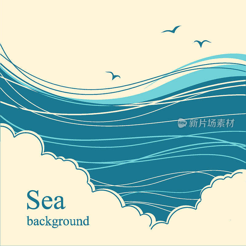 海浪。海景插图地平线文字