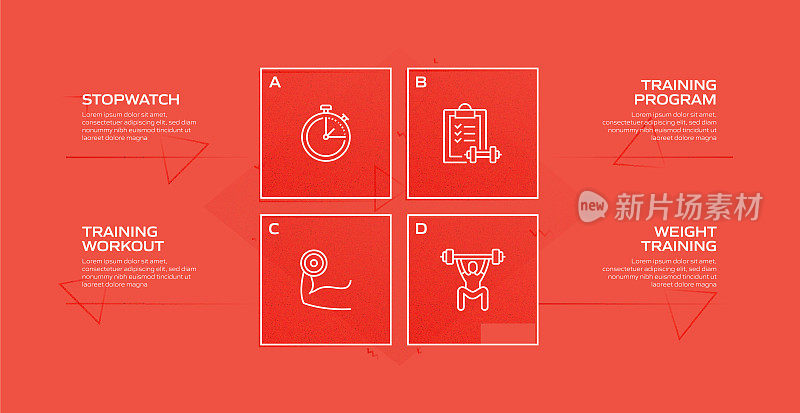 健身和锻炼相关的过程信息图表模板。过程时间图。使用线性图标的工作流布局