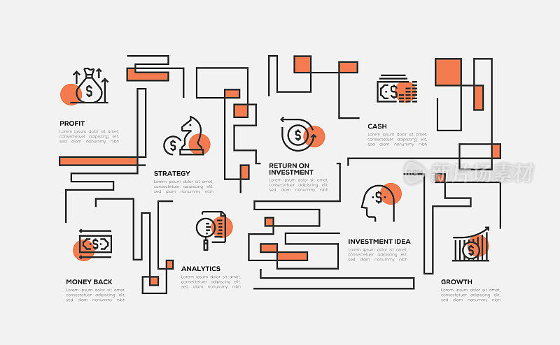 信息图表设计模板。利润，策略，投资回报，现金，增长，投资理念，分析，资金返回8个选项或步骤图标。
