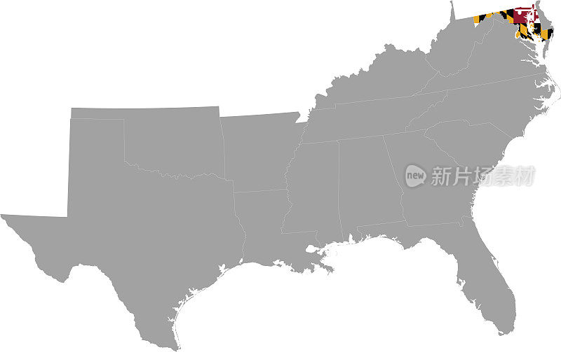 美国联邦马里兰州的地图，在美国南部地区的地图上有州旗
