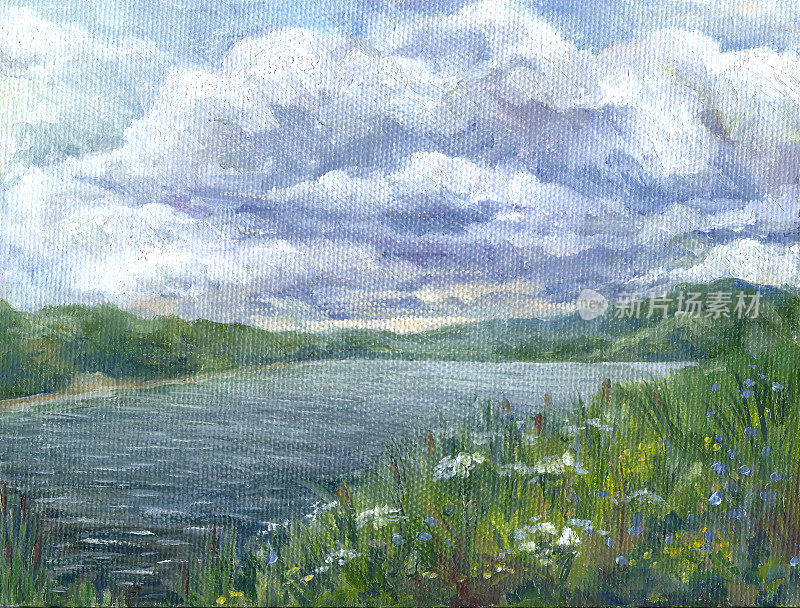 河上的天空，俄罗斯的夏天，油画