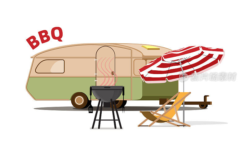 矢量插图的复古大篷车与沙滩椅，烧烤架和阳伞。