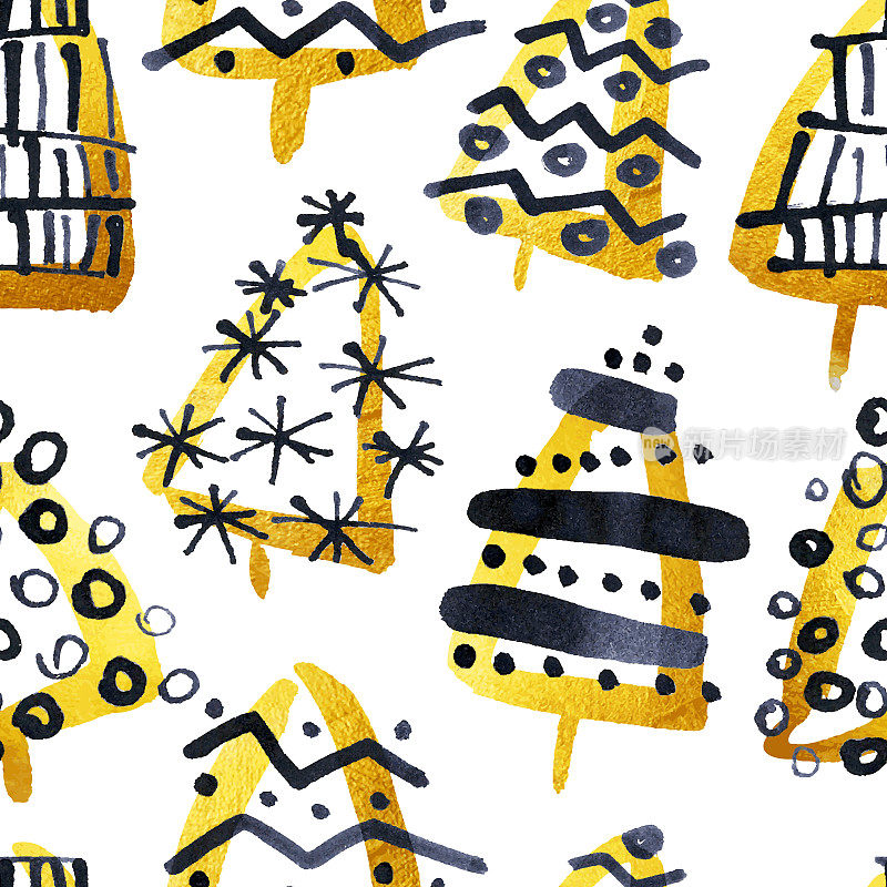 无缝的圣诞图案与手工绘制的圣诞树隔离在白色的纸背景-纹理由黑色墨水刷和金色丙烯酸油漆-原始不均匀凌乱的涂鸦设计与点之字形和线矢量股票插图