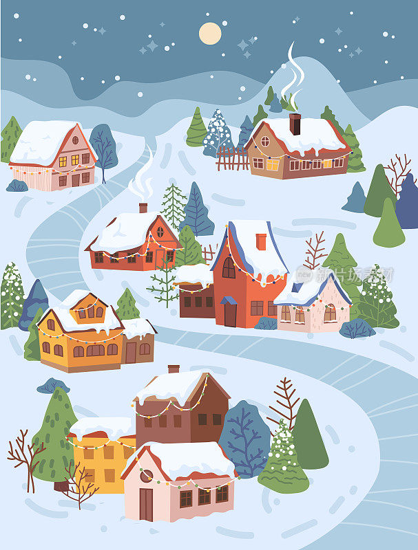 冬天的村庄风景，雪中的农舍，圣诞的夜晚，天上的月亮。向量乡村的风景，雪白的毛皮树，装饰着花环的小木屋，烟雾缭绕的烟囱，冬天