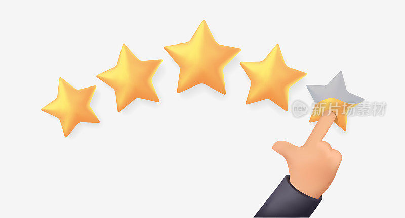 点击女人的男人的手给五星评级。客户评价反馈概念从客户关于员工。