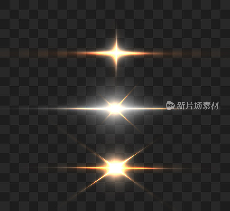 逼真的集合明亮的灯光效果，在透明的背景上闪闪发光的星星