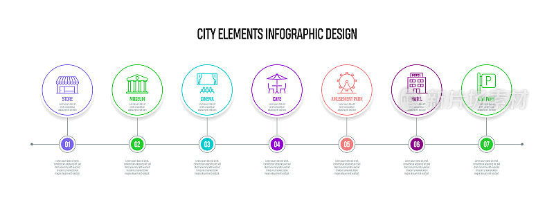 城市元素概念矢量线信息图形设计图标。7选项或步骤的介绍，横幅，工作流程布局，流程图等。