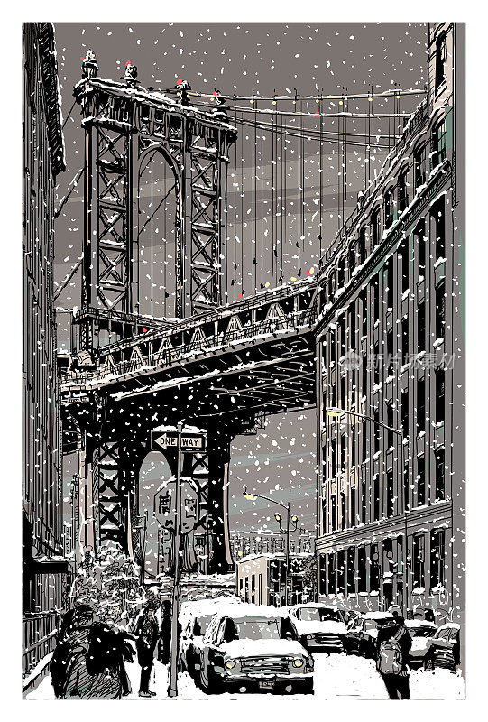 从布鲁克林看雪下的曼哈顿大桥