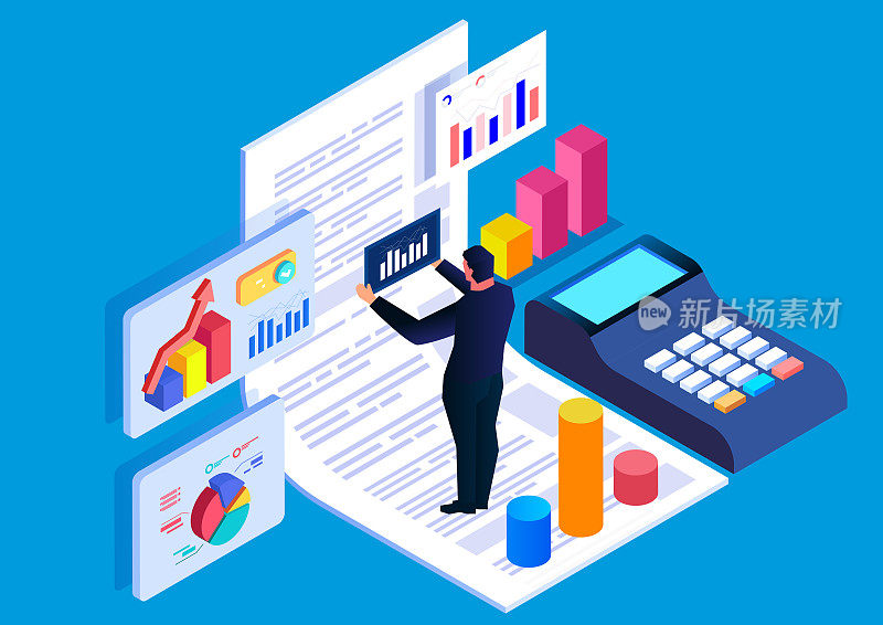会计财务分析师，数据分析，等距商人站在数据表上分析数据，计算器。
