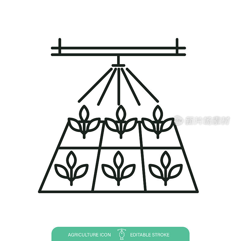 温室里的秧苗托盘和洒水器。透明背景上的农业线图标