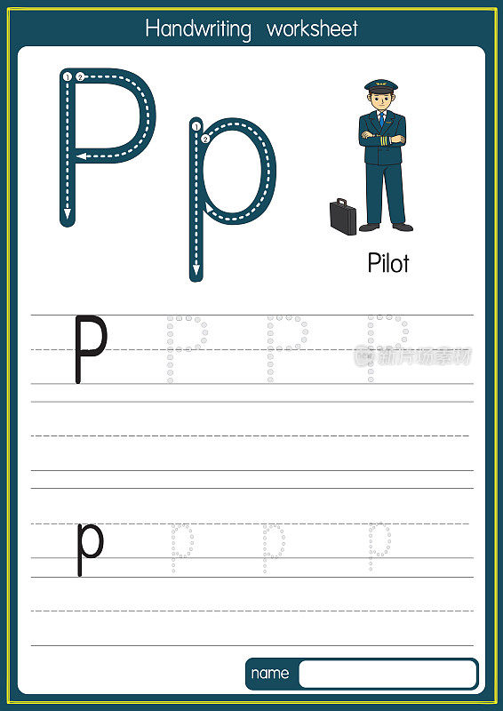 矢量插图的先导与字母P大写或大写字母的儿童学习练习ABC