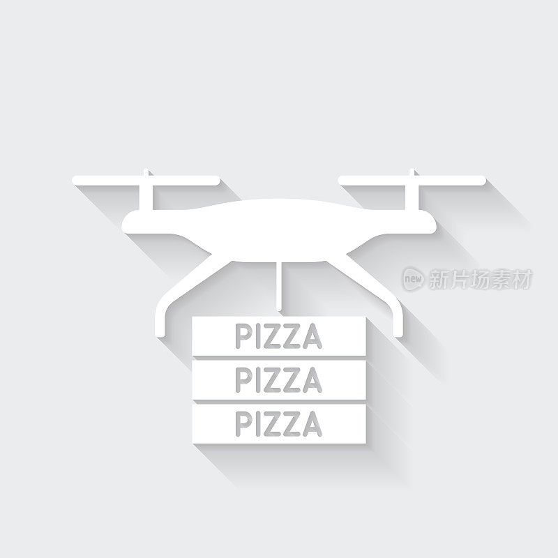 送披萨的无人机。图标与空白背景上的长阴影-平面设计