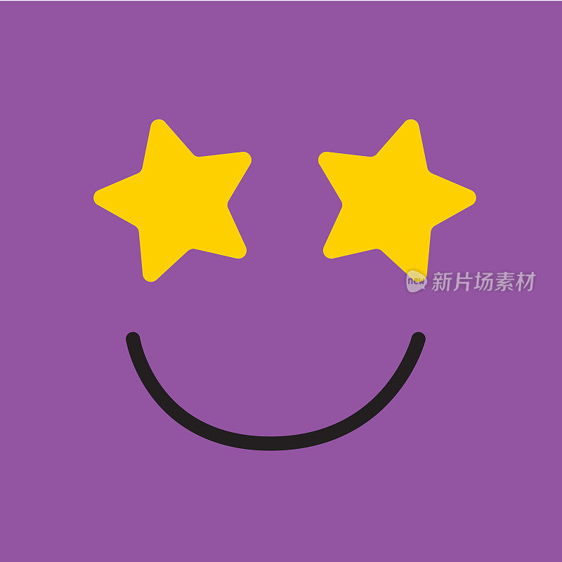 可爱的社交媒体表情符号明星在紫色方形的背景上