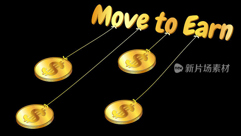 设计元素与移动赚取的概念铭文拉金美元硬币孤立在黑色背景。能够通过移动和玩游戏赚取非游戏角色。