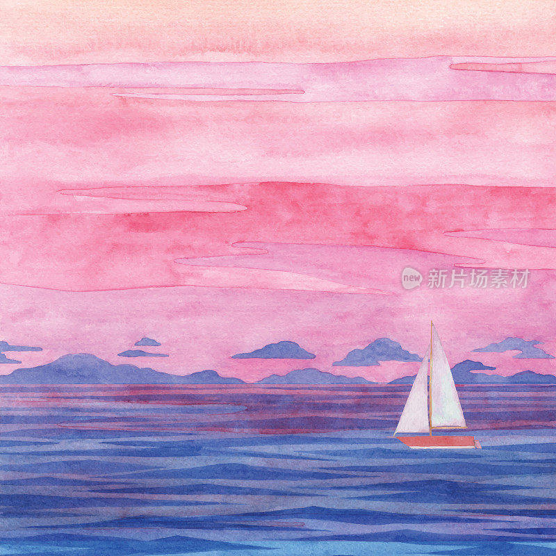 水彩画日落海和一艘船
