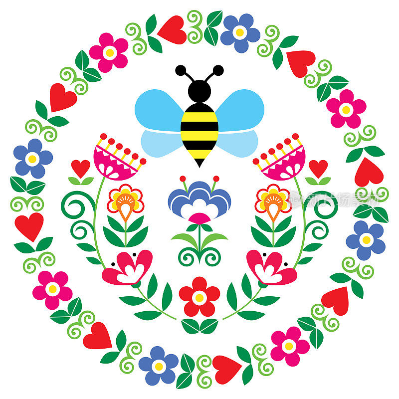 斯堪的纳维亚民间花卉圆形矢量设计，受瑞典、挪威和丹麦传统民间艺术刺绣的启发，蜜蜂和花朵的自然图案