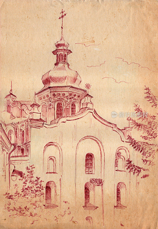 手绘水墨和钢笔在旧米色纸上的老式素描景观。基辅佩切尔斯克拉夫拉教堂入口上方的乌克兰巴洛克风格的教堂