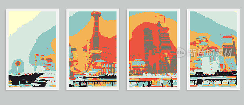 矢量上海城市外滩天际线场景木刻风格的图案明信片插图横幅背景