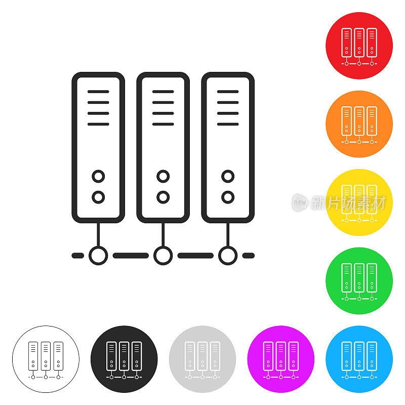 电脑服务器。彩色按钮上的图标