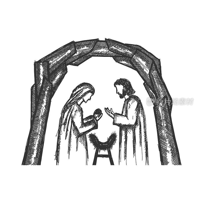 一幅耶稣诞生的图画。约瑟夫，玛丽和小耶稣在一个马厩，一个山洞里。
