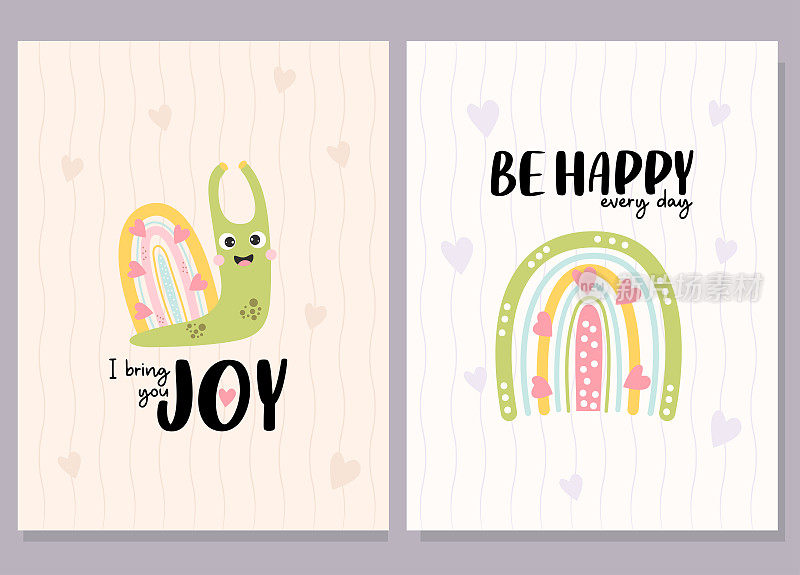明信片设置可爱的快乐蜗牛和装饰彩虹积极的口号-我带来你的喜悦和快乐每一天。矢量插图。很酷的贺卡，封面，设计明信片