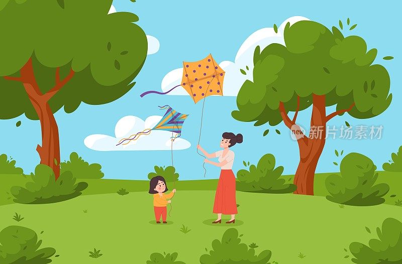 家人在公园里放风筝，平矢量插画。