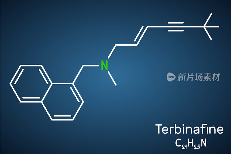 Terbinafine分子。它是丙烯胺类抗真菌药物，用于治疗脚趾甲和手指甲的皮肤真菌感染。结构化学式在深蓝色背景上