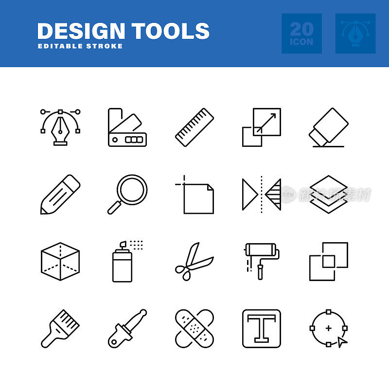 设计工具行图标集。可编辑的中风。像素完美。