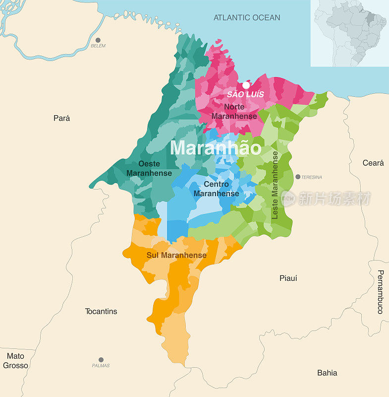 巴西马拉尼昂州行政地图，按州区(中区)标出城市。