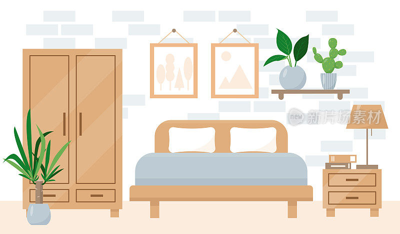 舒适的卧室室内时髦的斯堪的hygge风格。现代化的房子或公寓，配有室内植物和家具。