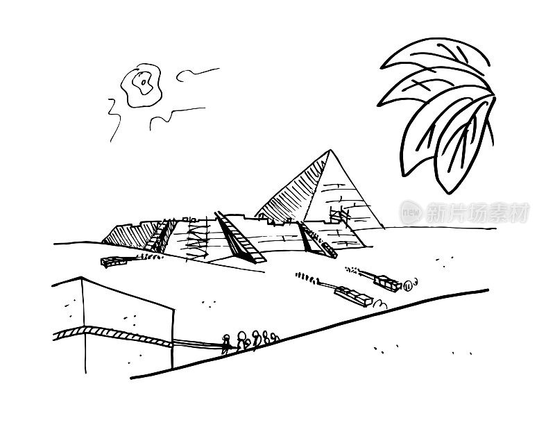 在建造埃及金字塔的过程中，奴隶们在沙漠中搬运石块。手绘卡通风格素描矢量插图。