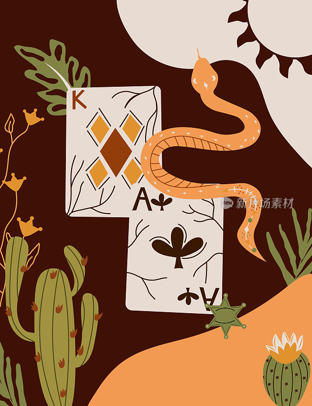 狂野的西德克萨斯海报，上面有扑克牌，蛇，仙人掌。更古老的西部平原风格。矢量插图。