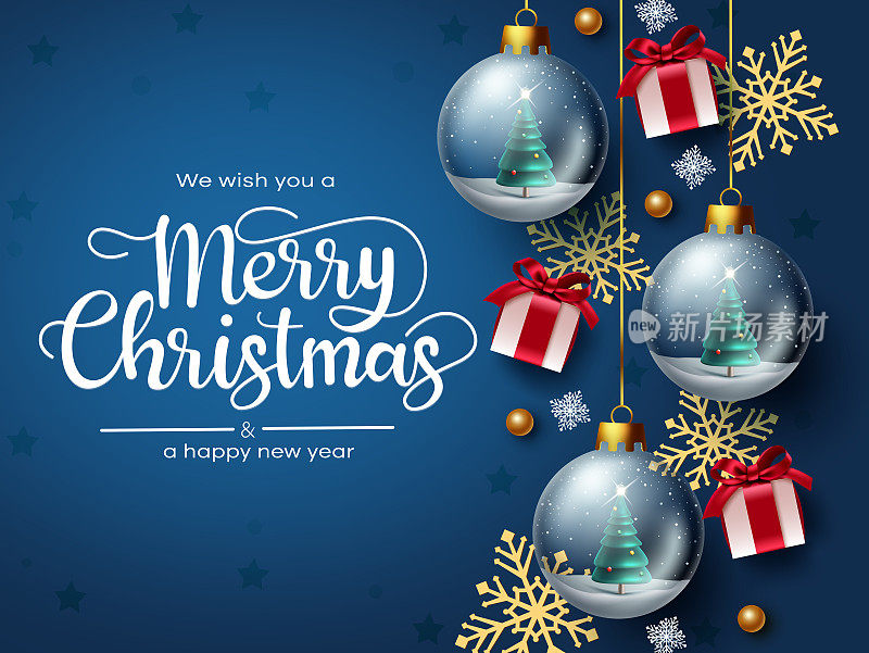 圣诞快乐矢量设计。圣诞快乐祝福文字与礼物，水晶球和雪花元素在蓝色背景的节日季节装饰。