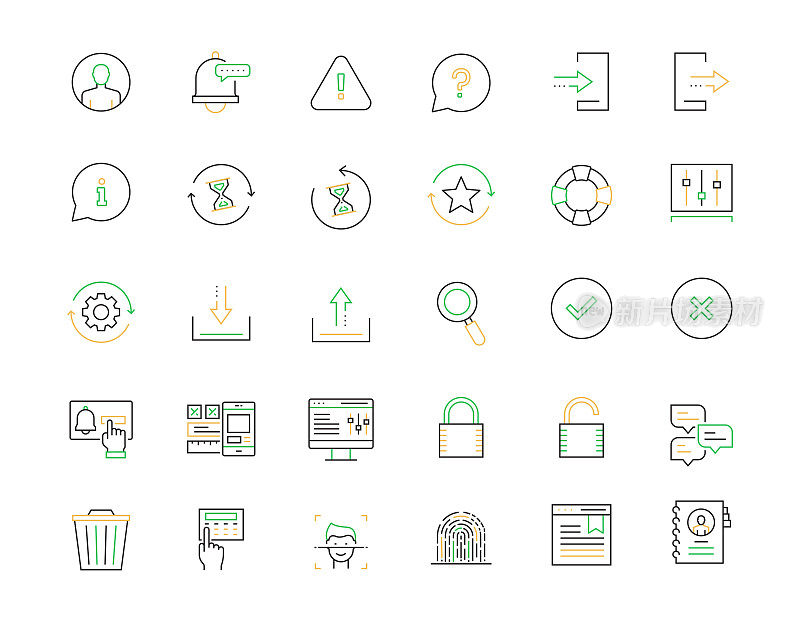 用户界面相关的矢量线图标。大纲符号集合