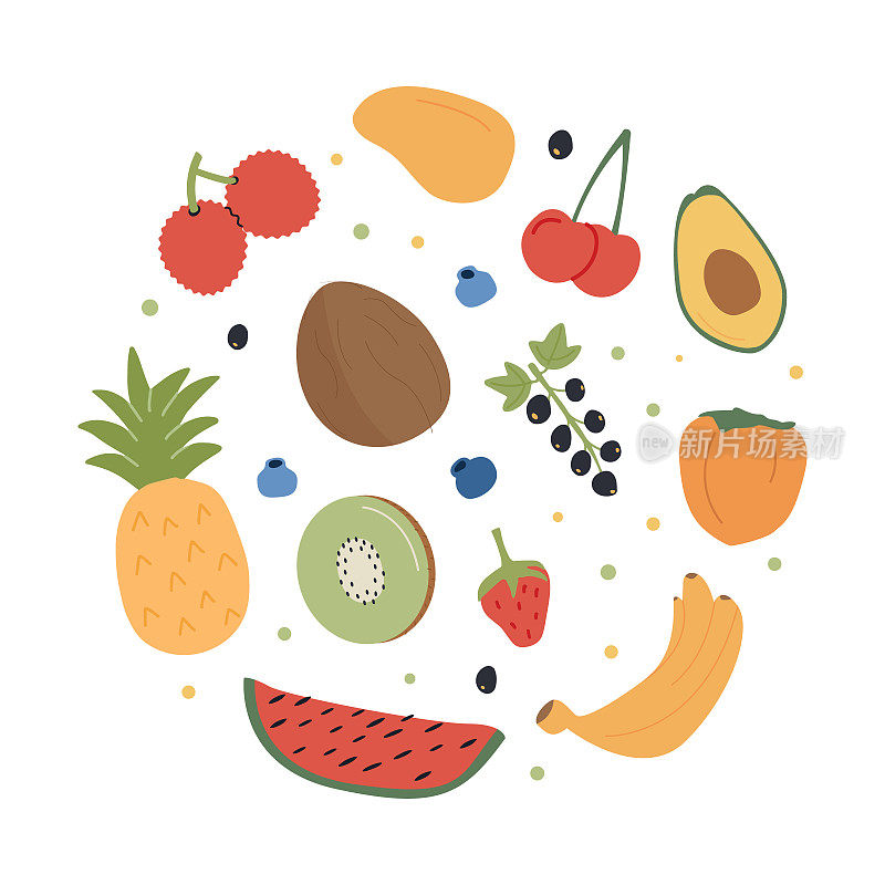 有机热带水果和浆果收集在圆形。一套新鲜的本地农产品。健康素食海报。不同的甜浆果。平面简单的彩色涂鸦矢量插图。