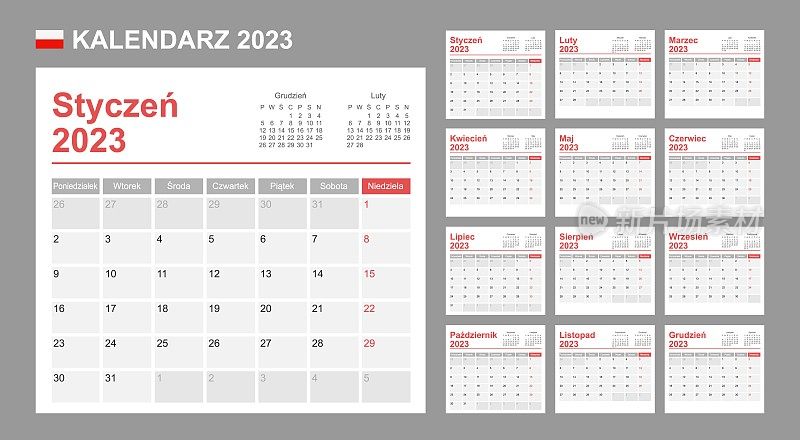 2023年波兰日历。一周从周一开始。简单的向量模板。业务设计计划。