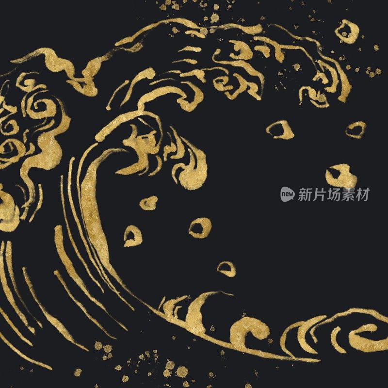日本抽象背景与金色笔刷线画的海洋和海浪的形象。传统和经典的黑色背景方形横幅。动水溅