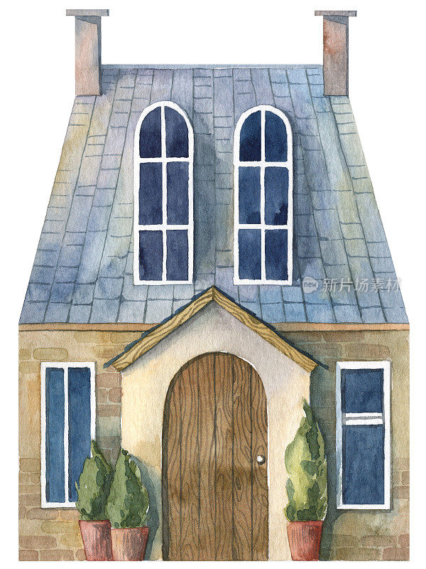 可爱的小茅屋立面。水彩手绘插图。有蓝色大瓦屋顶和大窗户的乡村房子。