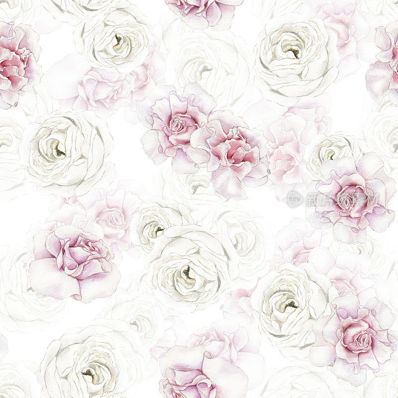 水彩无缝碎花图案搭配花园粉色和白色的花朵，优雅的玫瑰绽放。适合墙纸，包装纸，织物，婚礼设计，数码纸。