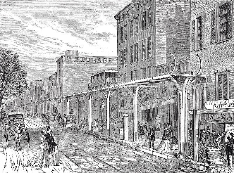 纽约市，格林威治街的高架铁路，第一条高架铁路，1868年