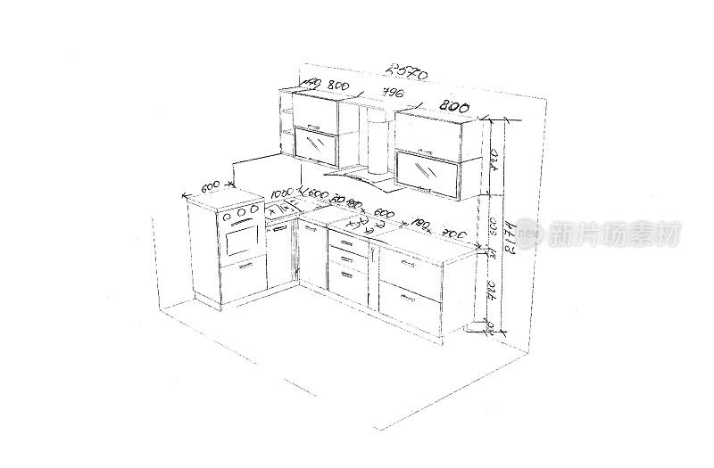 厨房家具的草图和尺寸图