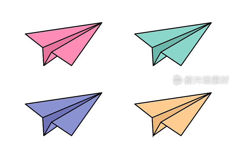 飞翔的纸飞机套装。矢量集的彩色纸飞机。平面风格的折纸飞机。手工纸飞机收藏。折叠的折纸玩具。矢量插图。