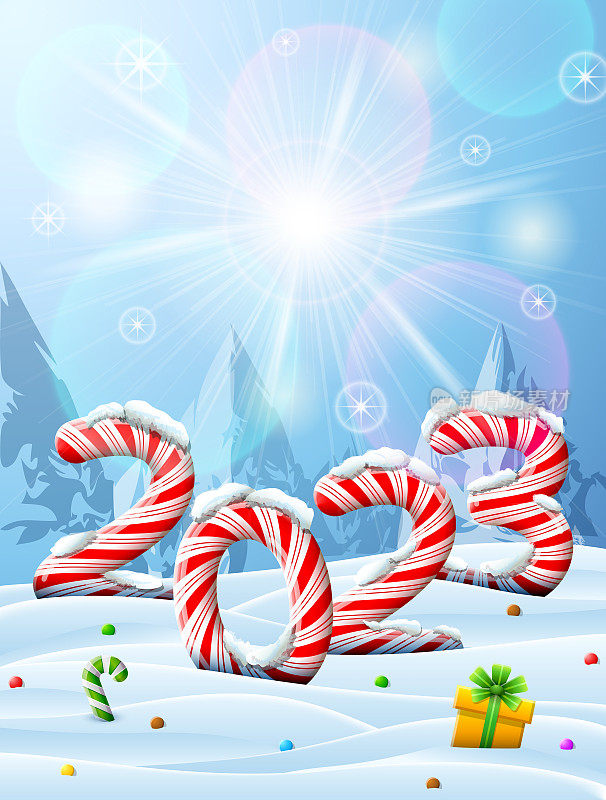 2023年的新年，在雪中的糖果棒形状