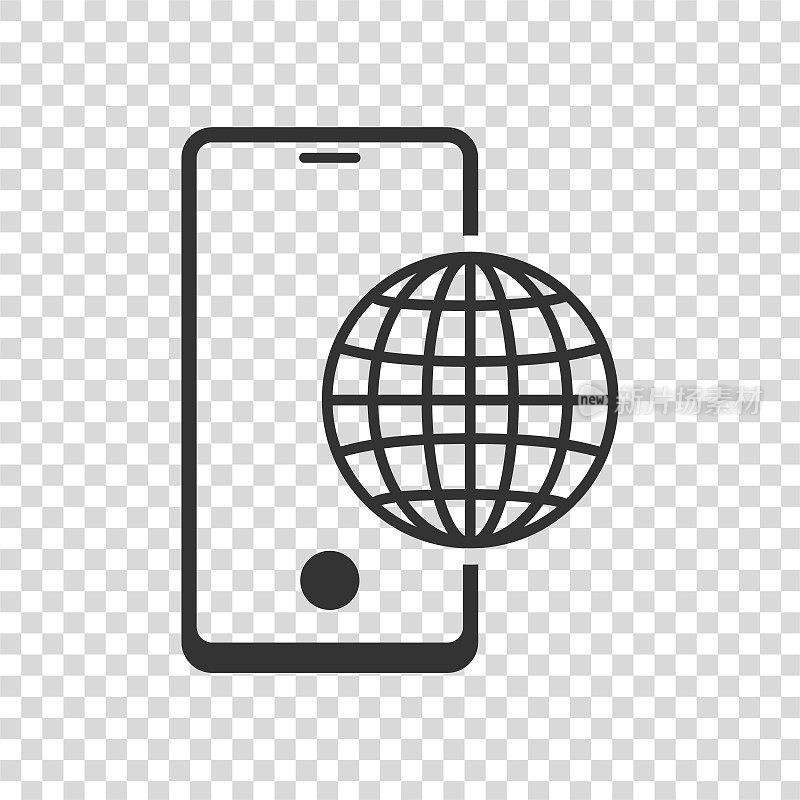 智能手机图标与地球透明的背景，通信。