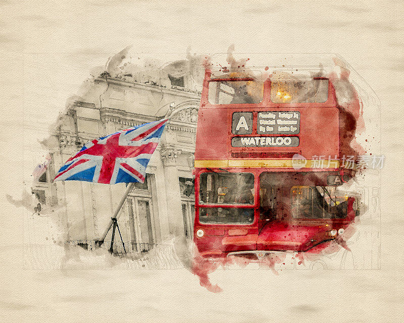 水彩印象的老式伦敦双层巴士与目的地滑铁卢