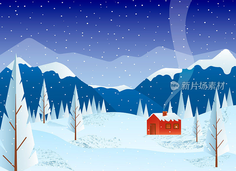 以山、雪和树为背景的乡村房子。傍晚的冬季景观。平面矢量插图。