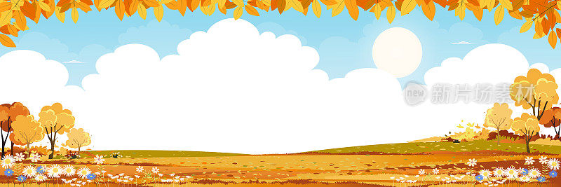 秋天田野景观与山，蓝天，云与复制空间，全景秋天农村自然与范围树叶，卡通矢量插图横幅感恩节或中秋节的背景