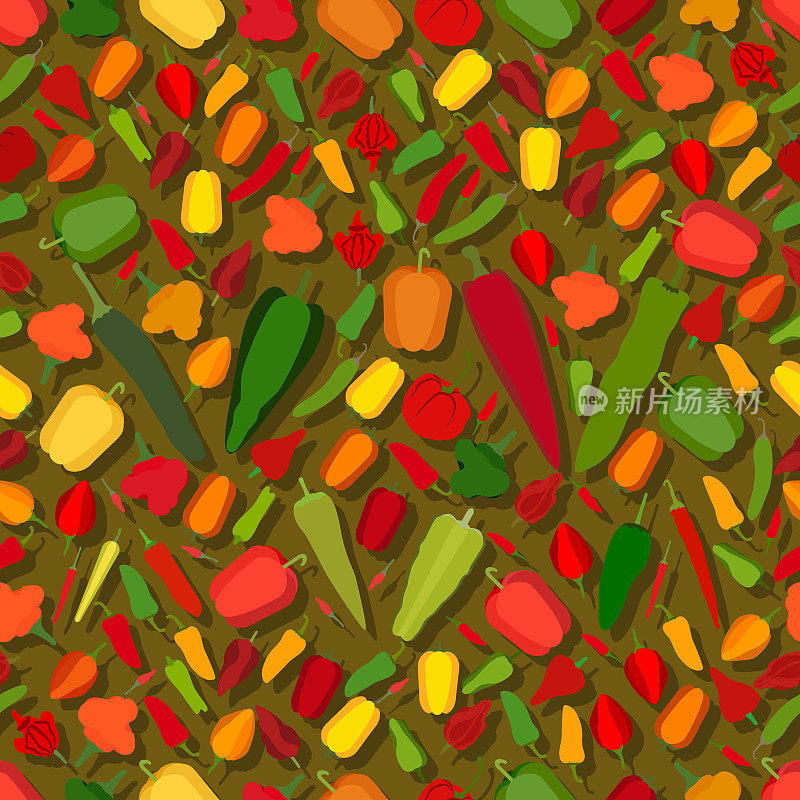 无缝模式与不同类型的辣椒。甜辣椒。微辣、中辣、超级辣的辣椒。平的风格。蔬菜。矢量插图隔离在绿色背景上。